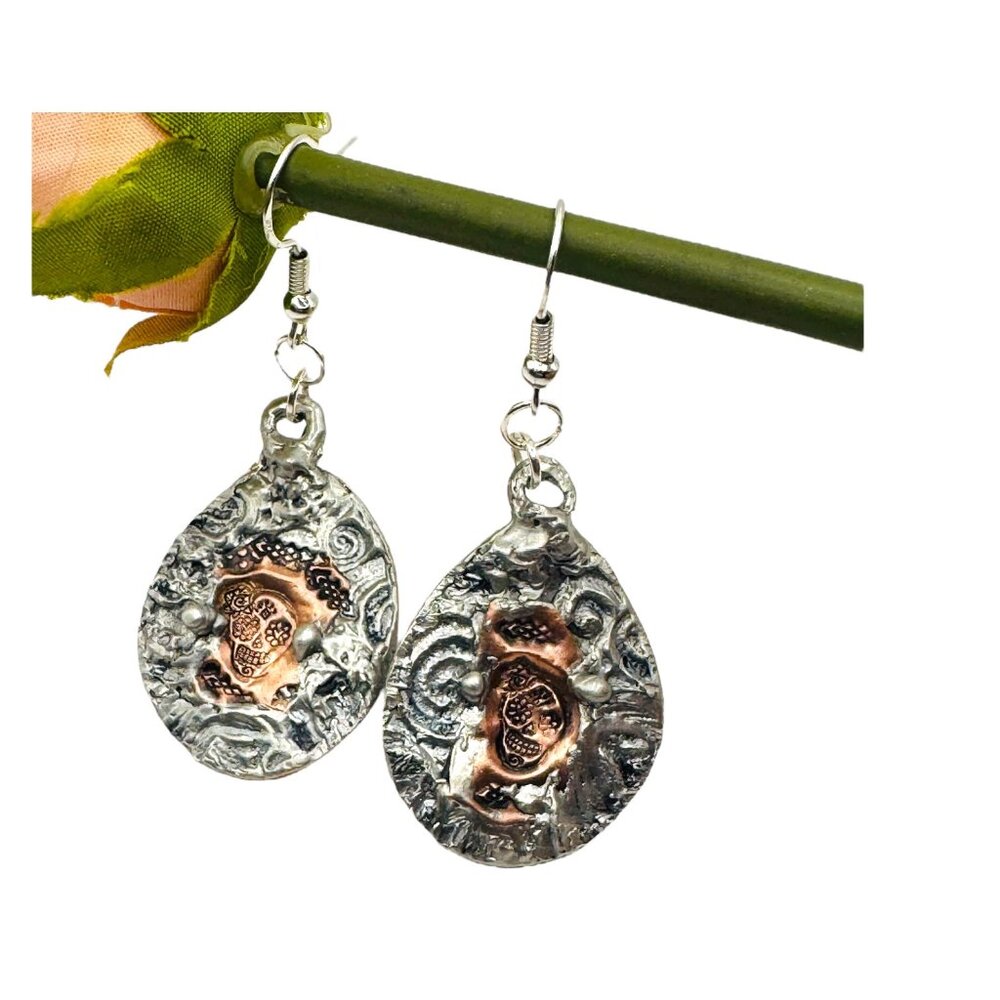 Artisan Mixed Metal Sugar Skull Earrings 925 Silver Hooks Silver Blend Metalwork - Picture 9 of 13